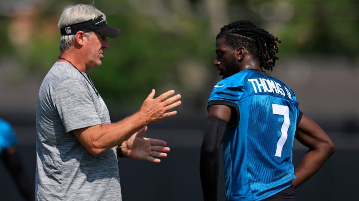 Jacksonville Jaguars head coach Doug Pederson talks with wide receiver Brian Thomas Jr. (7) during an organized team activity Tuesday, May 28, 2024 at EverBank Stadium’s Miller Electric Center in Jacksonville, Fla.