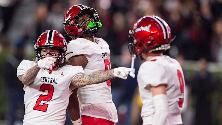 Central Phenix City's Cameron Coleman (8) celebrates his touchdown catch as Central Phenix City faces Thompson in the Class 7A football state championship at Bryant-Denny Stadium in Tuscaloosa, Ala., on Wednesday, Dec. 6, 2023. Central Phenix City defeated Thompson 21-19.