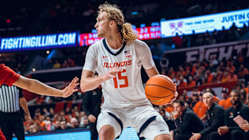 Illinois forward Jake Davis (15) looks for an opening in the Illini's 92-65 exhibition win over Illinois State on October 19, 2025, at the State Farm Center in Champaign, Illinois.