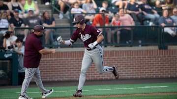 Mississippi State Bulldogs' Ace Reese (3) celebrates his home run as Auburn Tigers baseball takes on Mississippi State Bulldogs at Plainsman Park in Auburn, Ala., on Friday, April 25, 2025.