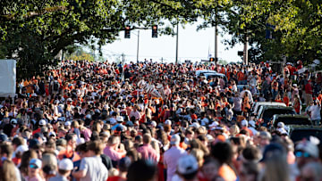 Auburn fans wait for Tiger Walk before Auburn Tigers take on Georgia Bulldogs at Jordan-Hare Stadium in Auburn, Ala. on Saturday, Oct. 11, 2025.