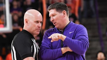 Clemson Head Coach Brad Brownell talks to a referee at the game with Georgia Tech during the second half at Littlejohn Coliseum in Clemson, S.C. Tuesday, February 4, 2025.