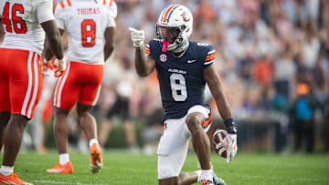 Auburn Tigers wide receiver Cam Coleman (8) celebrates a first down as Auburn Tigers take on Mercer Bears at Jordan-Hare Stadium in Auburn, Ala. on Saturday, Nov. 22, 2025. Auburn Tigers defeated the Mercer Bears 62-17.