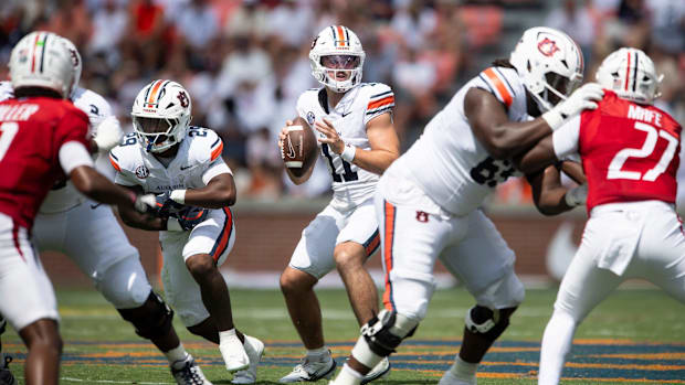 Auburn Tigers quarterback Jackson Arnold looks to throw as Auburn Tigers take on South Alabama Jaguars.