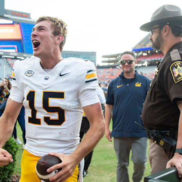 Cal quarterback Fernando Mendoza celebrates Saturday's win