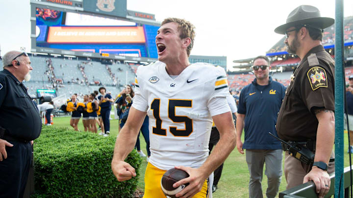 Cal quarterback Fernando Mendoza celebrates Saturday's win