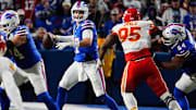 Bills quarterback Josh Allen gets ready to throw a pass as Kansas City's Chris Jones heads for him during first half action against the Kansas City Chiefs in Orchard Park, Nov.17, 2024.