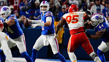 Bills quarterback Josh Allen gets ready to throw a pass as Kansas City's Chris Jones heads for him during first half action against the Kansas City Chiefs in Orchard Park, Nov.17, 2024.