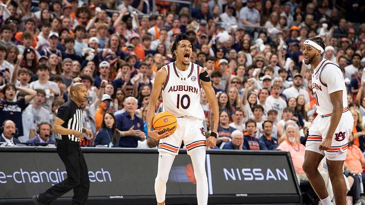 Auburn Tigers forward Chad Baker-Mazara (10) celebrates after drawing a foul as Auburn Tigers take on Alabama Crimson Tide at Neville Arena in Auburn, Ala., on Saturday, March 8, 2025.