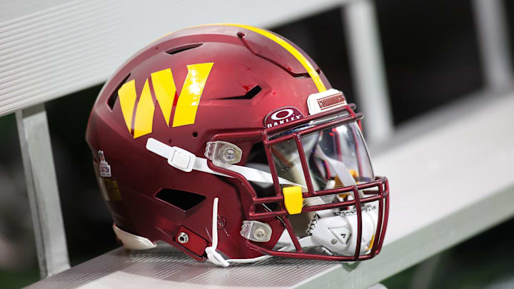 Oct 15, 2023; Atlanta, Georgia, USA; A Washington Commanders helmet on the bench against the Atlanta Falcons in the second half at Mercedes-Benz Stadium. Mandatory Credit: Brett Davis-Imagn Images