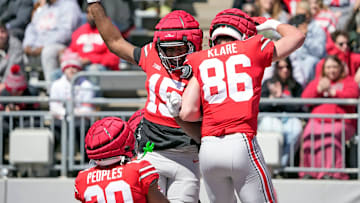 Ohio State Buckeye Scarlet Max Klare (86) celebrates a touchdown catch with Jelani Thurman (15) against team Gary in the 1st half during the spring game at Ohio Stadium on April 12, 2025.