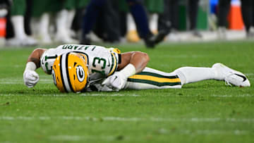Nov 17, 2022; Green Bay, Wisconsin, USA; Green Bay Packers wide receiver Allen Lazard (13) reacts after failing to catch a pass in the second quarter during game against the Tennessee Titans at Lambeau Field. Mandatory Credit: Benny Sieu-Imagn Images