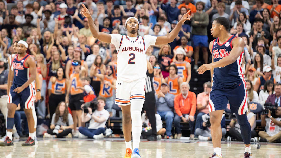 Auburn Tigers guard Denver Jones (2) celebrates a defensive stop as Auburn Tigers take on Ole Miss Rebels at Neville Arena in Auburn, Ala., on Wednesday, Feb. 26, 2025.