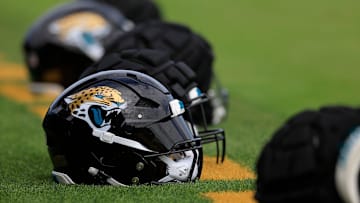 The helmet of Jacksonville Jaguars linebacker Josh Hines-Allen (41) sits at the back of the end zone during the third day of an NFL football training camp practice Friday, July 26, 2024 at EverBank Stadium’s Miller Electric Center in Jacksonville, Fla.