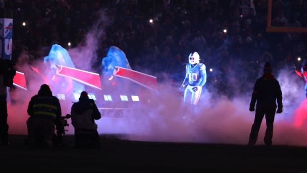Bills Von Miller is introduced before the start of the Bills divisional game against Kansas City Chiefs at Highmark Stadium in Orchard Park on Jan. 21, 2024.