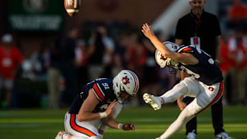 Auburn Tigers kicker Alex McPherson (38) warms up before Auburn Tigers take on Mississippi Rebels at Jordan-Hare Stadium in Auburn, Ala., on Saturday, Oct. 21, 2023.