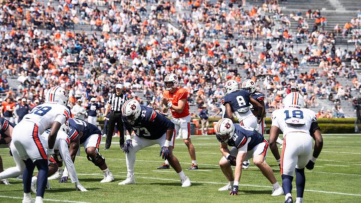 Auburn Tigers quarterback Payton Thorne (1) hikes the ball during the A-Day spring game at Jordan-Hare Stadium in Auburn, Ala., on Saturday, April 6, 2024.