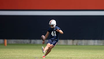 Auburn Tigers kicker Connor Gibbs (41) kicks the ball during practice at Woltosz Football Performance Center in Auburn, Ala. on Thursday, Aug. 14, 2025.
