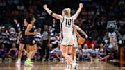 TCU Horned Frogs guard Hailey Van Lith (10) celebrates victory as TCU Horned Frogs face off with Notre Dame Fighting Irish during the Sweet 16 at Legacy Arena in Birmingham, Ala., on Saturday, March 29, 2025. TCU Horned Frogs defeated Notre Dame Fighting Irish 71-62 to advance to the Elite 8.