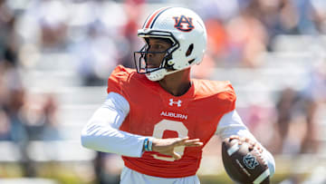 Auburn Tigers quarterback Deuce Knight (9) throws the ball during Auburn Tigers A-Day football practice at Jordan-Hare Stadium in Auburn, Ala., on Saturday, April 12, 2025.