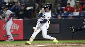 Binghamton's Drew Gilbert connects for a three-run home run, tying the game 6-6 in the bottom of the sixth inning. The Erie SeaWolves won, 9-6, in the first game of the Eastern League championship series on Sept. 25, 2023 in Binghamton.