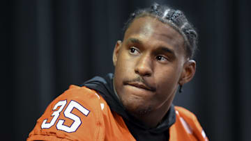 Clemson defensive end Jeremiah Alexander (35), a transfer from Alabama, during the Clemson Club football National Signing Day wrap up presented by Clemson Seneca Chick-Fil-A at the Poe Indoor Practice Facility at Clemson University in Clemson, S.C. Feb 5, 2025.