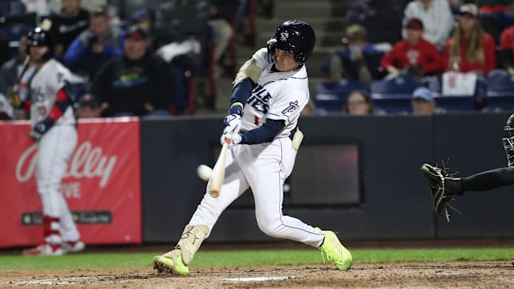Binghamton's Drew Gilbert connects for a three-run home run, tying the game 6-6 in the bottom of the sixth inning. The Erie SeaWolves won, 9-6, in the first game of the Eastern League championship series on Sept. 25, 2023 in Binghamton.