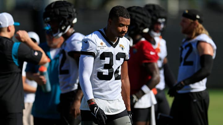 Jacksonville Jaguars cornerback Tyson Campbell (32) walks on the field during the first day of an NFL football training camp practice Wednesday, July 24, 2024 at EverBank Stadium’s Miller Electric Center in Jacksonville, Fla.