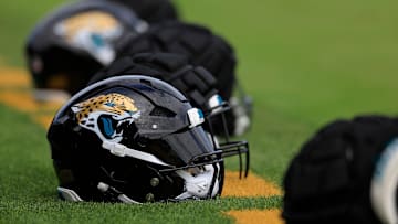 The helmet of Jacksonville Jaguars linebacker Josh Hines-Allen (41) sits at the back of the end zone during the third day of an NFL football training camp practice Friday, July 26, 2024 at EverBank Stadiumâ€™s Miller Electric Center in Jacksonville, Fla.