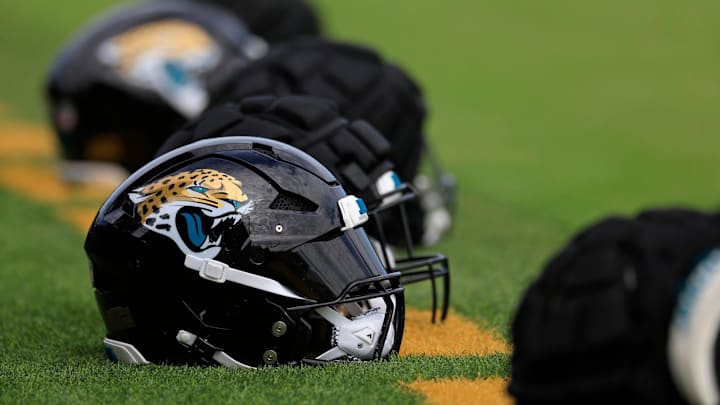 The helmet of Jacksonville Jaguars linebacker Josh Hines-Allen (41) sits at the back of the end zone during the third day of an NFL football training camp practice Friday, July 26, 2024 at EverBank Stadiumâ€™s Miller Electric Center in Jacksonville, Fla.