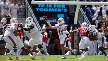 Auburn Tigers quarterback Jackson Arnold (11) throws the ball as Auburn Tigers take on South Alabama Jaguars at Jordan-Hare Stadium in Auburn, Ala. on Saturday, Sept. 13, 2025. Auburn Tigers lead South Alabama Jaguars 28-9 at halftime.