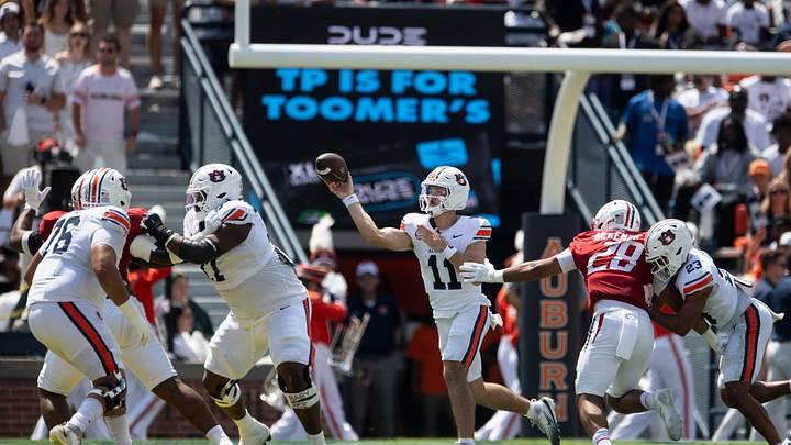 Auburn Tigers quarterback Jackson Arnold (11) throws the ball as Auburn Tigers take on South Alabama Jaguars at Jordan-Hare Stadium in Auburn, Ala. on Saturday, Sept. 13, 2025. Auburn Tigers lead South Alabama Jaguars 28-9 at halftime.