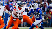Buffalo Bills linebacker Von Miller (40) rushes towards Denver Broncos quarterback Bo Nix (10) 
