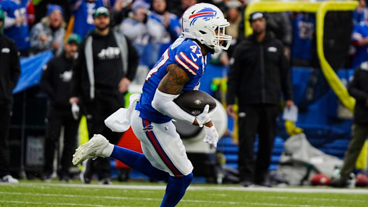 Buffalo Bills cornerback Christian Benford intercepts a pass and runs towards the end zone. Buffalo Bills cornerback Christian Benford intercepts a pass and runs towards the end zone.