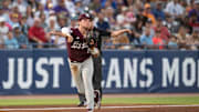 Texas A&M Aggies' Wyatt Henseler (8) throws the ball to first base as LSU Tigers take on Texas A&M Aggies during the SEC baseball tournament at Hoover Met in Birmingham, Ala., on Friday, May 23, 2025.