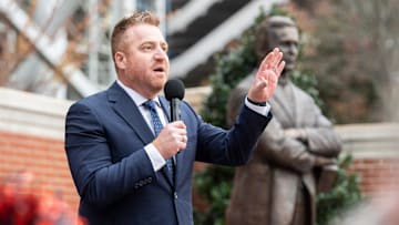 Auburn football head coach Alex Golesh speaks during his introductory Tiger Walk at Jordan-Hare Stadium in Auburn, Ala. on Monday, Dec. 1, 2025.