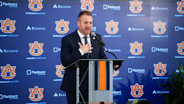 Auburn football head coach Alex Golesh speaks during his introductory press conference at Jordan-Hare Stadium in Auburn, Ala. on Monday, Dec. 1, 2025.