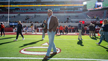 Auburn Tigers head coach Hugh Freeze takes the field as his team arrives as Auburn Tigers take on Alabama Crimson Tide at Bryant-Denny Stadium in Tuscaloosa, Ala., on Saturday, Nov. 30, 2024.