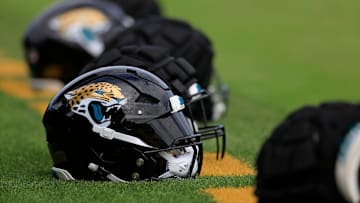 The helmet of Jacksonville Jaguars linebacker Josh Hines-Allen (41) sits at the back of the end zone during the third day of an NFL football training camp practice Friday, July 26, 2024 at EverBank Stadium’s Miller Electric Center in Jacksonville, Fla.
