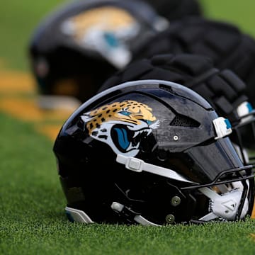 The helmet of Jacksonville Jaguars linebacker Josh Hines-Allen (41) sits at the back of the end zone during the third day of an NFL football training camp practice Friday, July 26, 2024 at EverBank Stadiumâ€™s Miller Electric Center in Jacksonville, Fla.