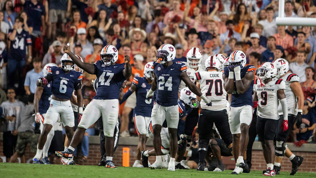 Auburn Tigers defensive lineman Malik Blocton (47) and his teammates celebrate his defensive stop as Auburn Tigers take on Ball State Cardinals at Jordan-Hare Stadium in Auburn, Ala. on Saturday, Sept. 6, 2025. Auburn Tigers defeated Ball State Cardinals 42-3.
