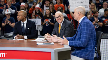 Announcers Jay Williams, from left, Seth Greenberg and Jay Bilas talk during ESPN GameDay at Neville Arena in Auburn, Ala., on Saturday, Jan. 25, 2025.