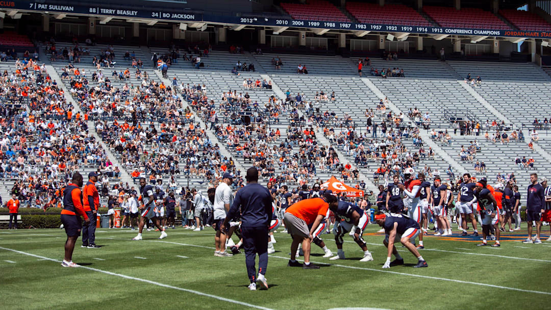 Players lineup during Auburn Tigers A-Day football practice at Jordan-Hare Stadium in Auburn, Ala., on Saturday, April 12, 2025.