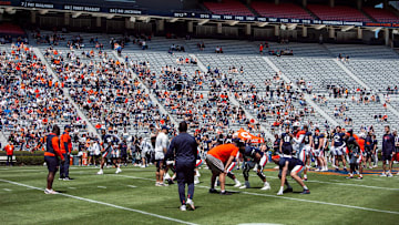 Players lineup during Auburn Tigers A-Day football practice at Jordan-Hare Stadium in Auburn, Ala., on Saturday, April 12, 2025.