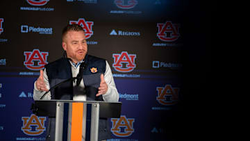Auburn Tigers football head coach Alex Golesh speaks during a press conference at Woltosz Performance Center in Auburn, Ala. on Monday, Dec. 8, 2025.