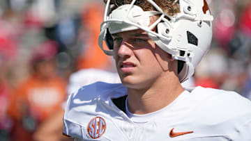 Texas Longhorns quarterback Arch Manning (16) on the field for warm-ups before the Ohio State and Texas game at Ohio Stadium in Columbus, Ohio, on Aug 30, 2025.