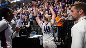 TCU Horned Frogs guard Hailey Van Lith celebrates after beating the Notre Dame Fighting Irish in the Sweet 16.