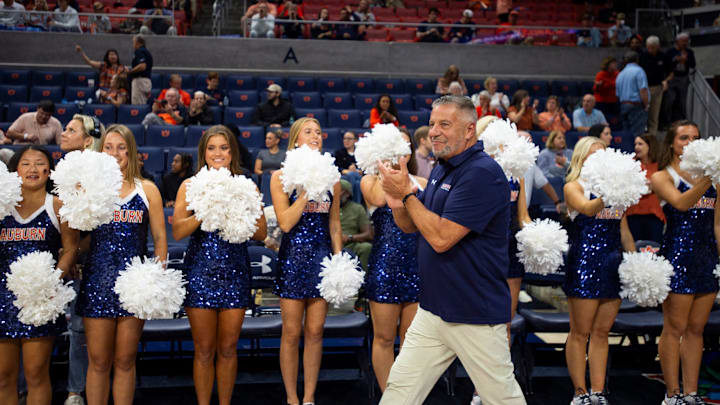 Auburn Tigers head coach Bruce Pearl takes the court as Auburn Tigers take on Vermont Catamounts at Neville Arena in Auburn, Ala., on Wednesday, Nov. 6, 2024.
