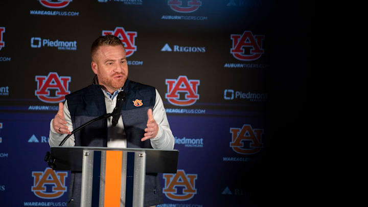 Auburn Tigers football head coach Alex Golesh speaks during a press conference at Woltosz Performance Center in Auburn, Ala. on Monday, Dec. 8, 2025.