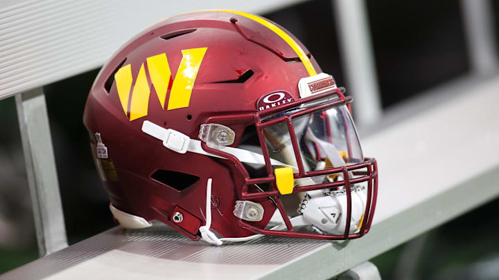 A Washington Commanders helmet on the bench against the Atlanta Falcons in the second half at Mercedes-Benz Stadium. A Washington Commanders helmet on the bench against the Atlanta Falcons in the second half at Mercedes-Benz Stadium.